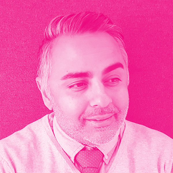 Ricky Mehra's headshot with a hot pink filter.