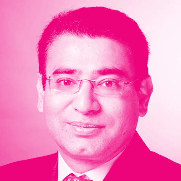 Pranav Pasricha's headshot with a hot pink filter.