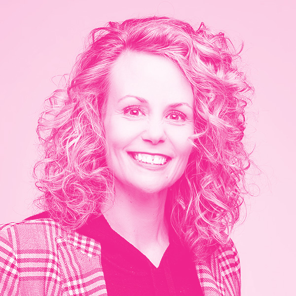 Christy Kaufman's headshot with a hot pink filter.