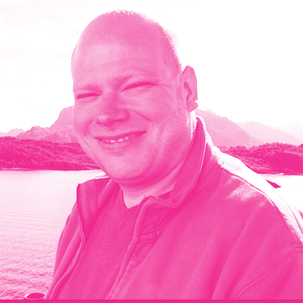 Doug Liddle's headshot with a hot pink filter.