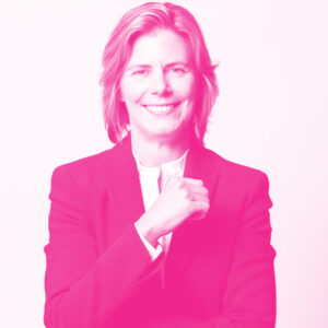 Susan Mullaney's headshot with a hot pink filter.