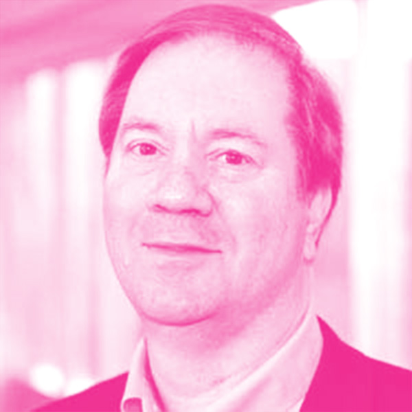 Christopher Yasko's headshot with a hot pink filter.
