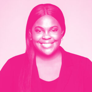 Isioma Oye-Onwuka's headshot with a hot pink filter.