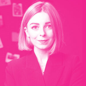 Melaniia Volkodav's headshot with a hot pink filter.