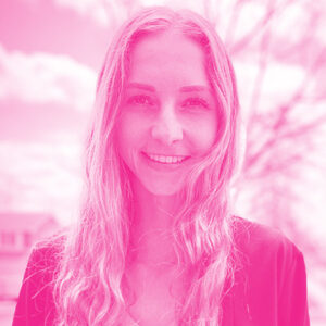 Olivia Campbell's headshot with a hot pink filter.