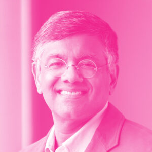 Prasanna Dhore's headshot with a hot pink filter.